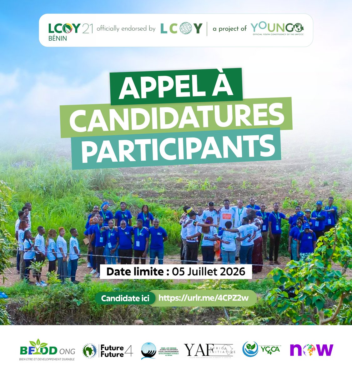 lcoybenin's tweet photo. 📣 Les candidatures pour la #LCOY21Benin sont ouvertes !
Rejoins des jeunes engagés venus de tout le Bénin pour apprendre, échanger et co-construire des solutions pour nos territoires.
⏳ Date limite : 05 juillet  2026 à 23h59 
🔗 Candidate ici : https://t.co/18UpNv43ow

#Team22 https://t.co/WzQyI25DNd