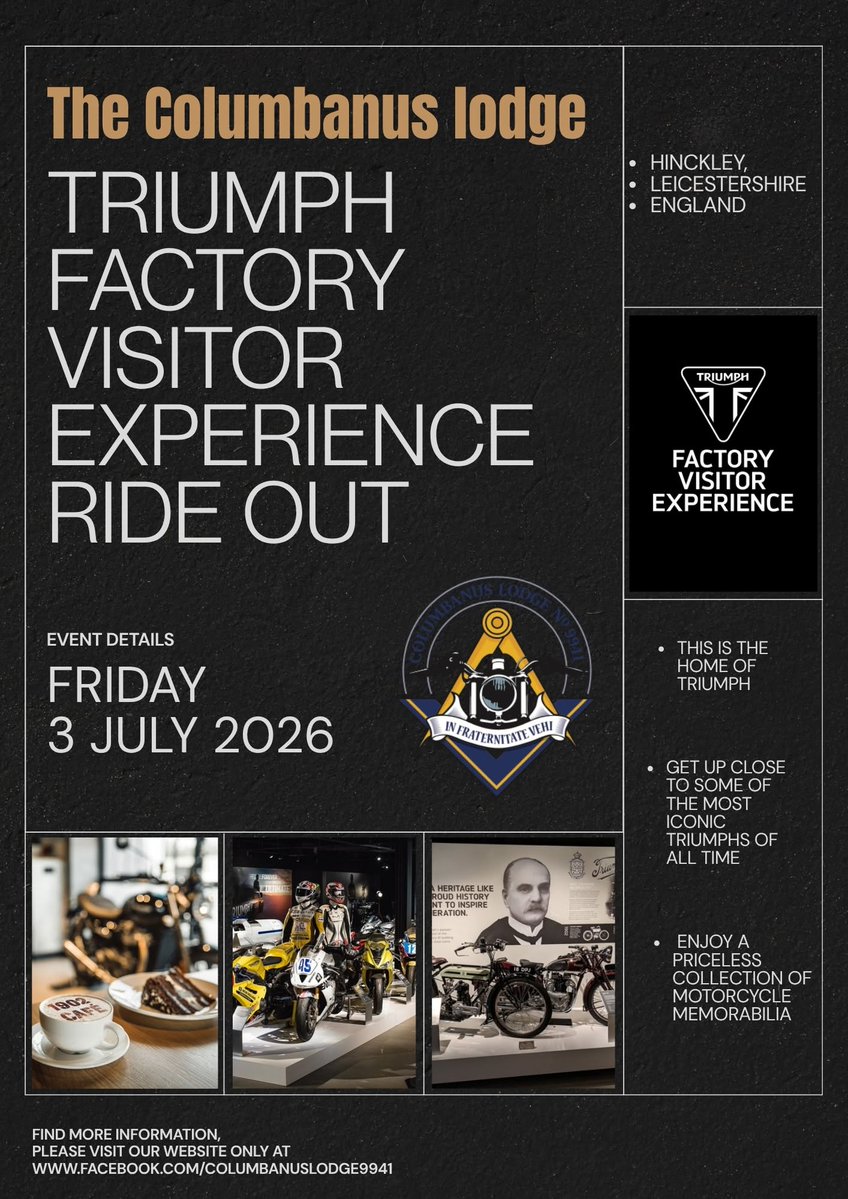 ColumbanusLodge's tweet photo. The Brothers of Columbanus Lodge are riding to the Triumph Motorcycles factory visitors center on Friday 3rd July.
This is the home of Triumph, where you'll get the full story in our unique immersive visitor experience. It's here that you'll see how we make motorcycles. https://t.co/konkxJVb7p