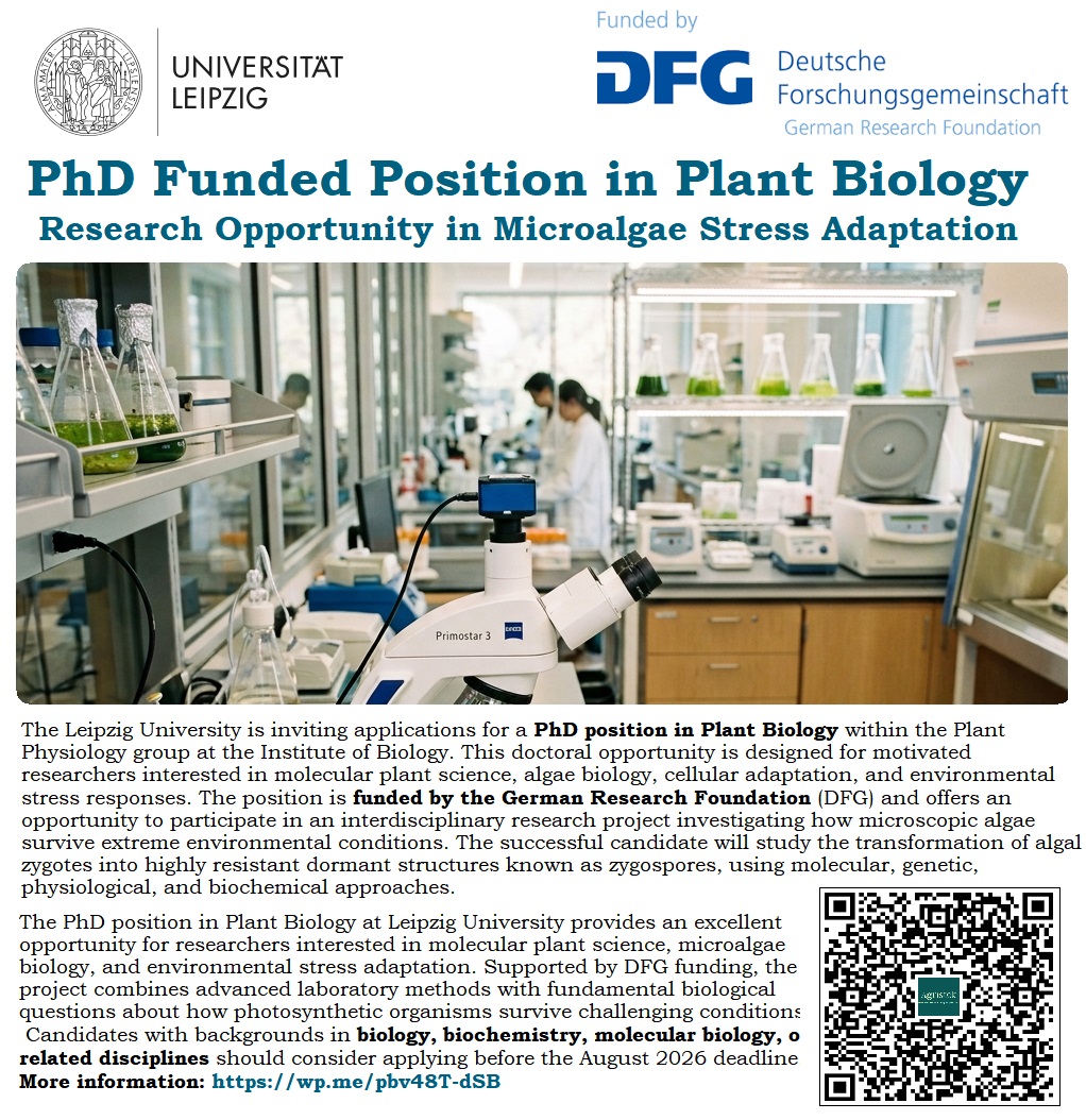 agristok's tweet photo. 📌PhD Position in Plant Biology at Leipzig University Germany🇩🇪: Research Opportunity in Microalgae Stress Adaptation, See details at: https://t.co/EifTYJLZdf https://t.co/kLe9XXdTLx