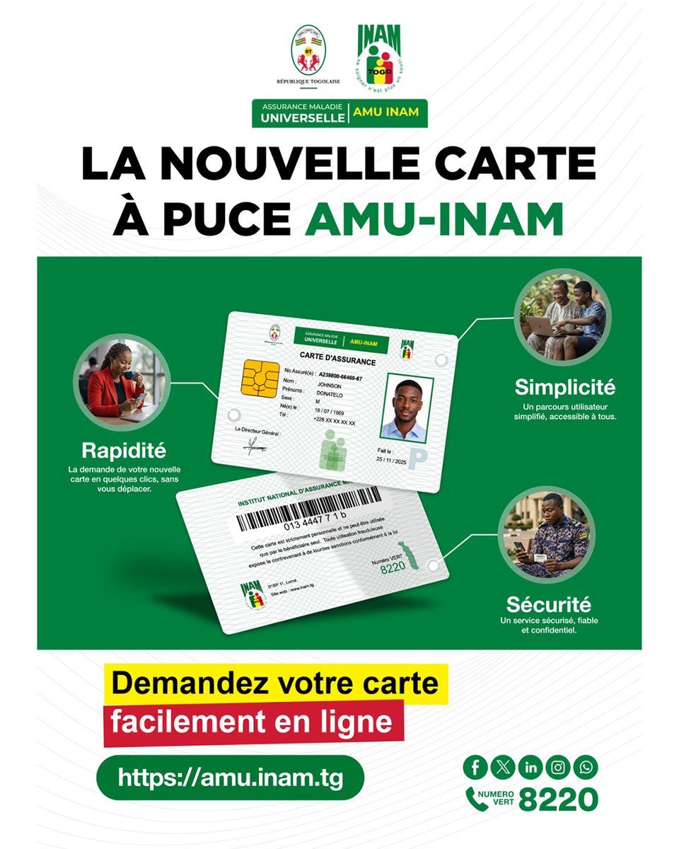 InamTogo's tweet photo. 🟢 LA NOUVELLE CARTE À PUCE AMU-INAM
➡ Rapidité
➡ Simplicité
➡ Sécurité
Demandez votre carte facilement en ligne
➡ https://t.co/xnK6U7tLGw
#AMU #INAM #SIAMU #assurés #prestatairesdesoins #conventionnésAMU #medecins #infirmiers #pharmaciens #couverturemaladie #soins #santé https://t.co/jAsxNiJnG3