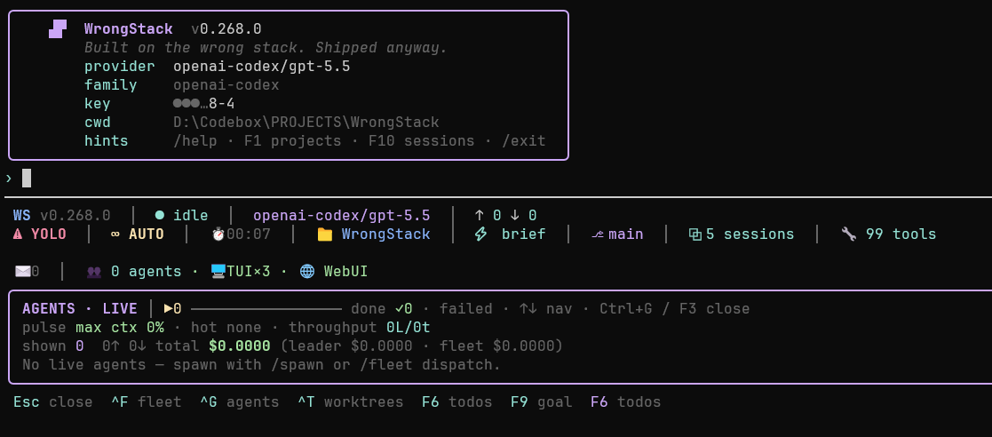 Wrong_Stack's tweet photo. v0.268.0 is out

Install: npm i -g wrongstack
APIs: wrongstack auth 
Codex Login: wrongstack auth login chatgpt
TUI/REPL: wrongstack
Web UI: wrongstack --webui https://t.co/zW42WUuHs6