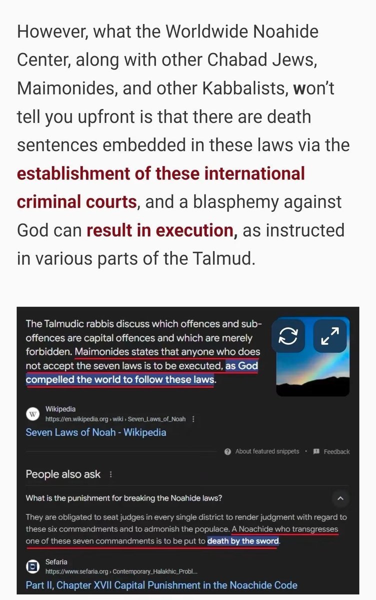 BabyD1111229's tweet photo. Read the entire manifesto here.

However, what the Worldwide Noahide Center, along with other Chabad Jews, Maimonides, and other Kabbalists, won’t tell you upfront is that there are death sentences embedded in these laws via the establishment of these international criminal courts, and a blasphemy against God can result in execution, as instructed in various parts of the Talmud.

https://t.co/Zmy57ckmss