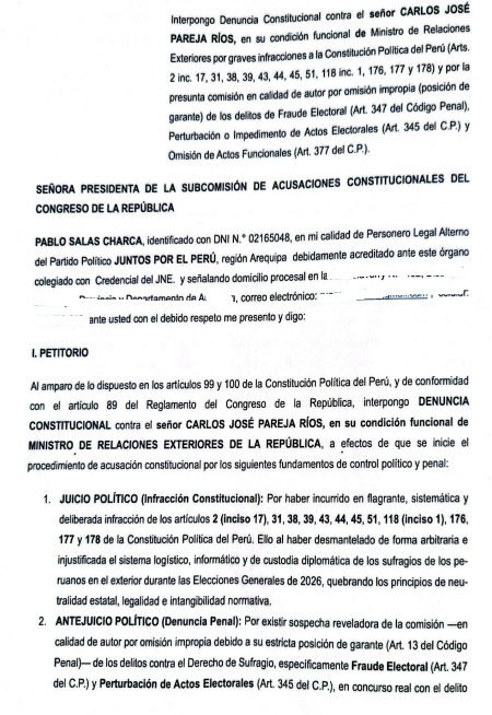 AlonsoRamosG's tweet photo. Juntos Por el Perú presenta denuncia constitucional contra canciller Carlos Pareja acusándolo de fraude. https://t.co/kExxypWuds