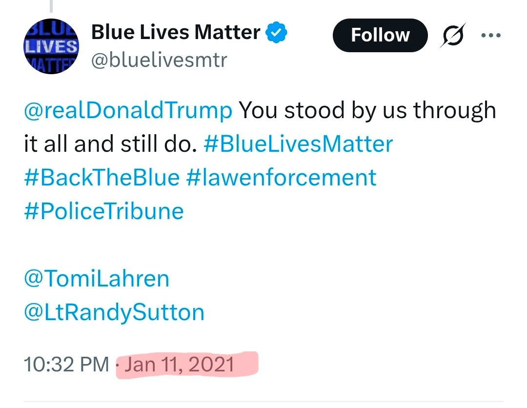 SemperWry's tweet photo. Grotesque conservative fascist fantasies thinly disguised as support for law enforcement is unironically holding back the profession from being embraced by people of all stripes.

These clowns were posting about BLM and fellating Trump days after Jan 6th. https://t.co/Jxcb2oXctI