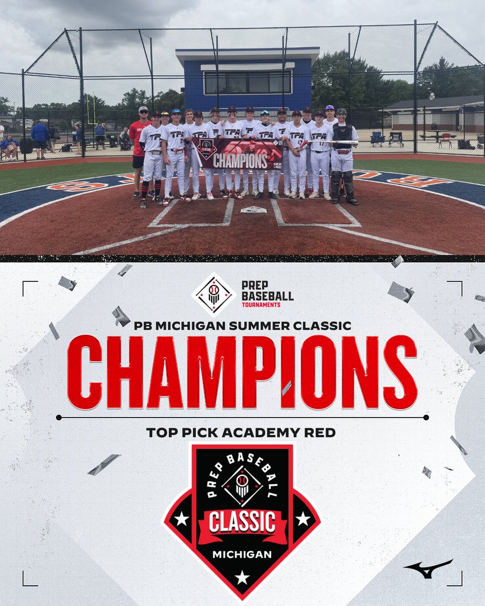 PrepBaseballMI's tweet photo. 🏆PB Michigan Summer Classic🏆
🥇TOURNAMENT CHAMPIONS🥇

Top Pick Academy Red 

⚾️16U Baseball
📅6/18-6/21
📍Kalamazoo, MI

@PrepBaseballMI | @PrepBaseMIScout | @pbtscouting https://t.co/qiNVw62wqJ