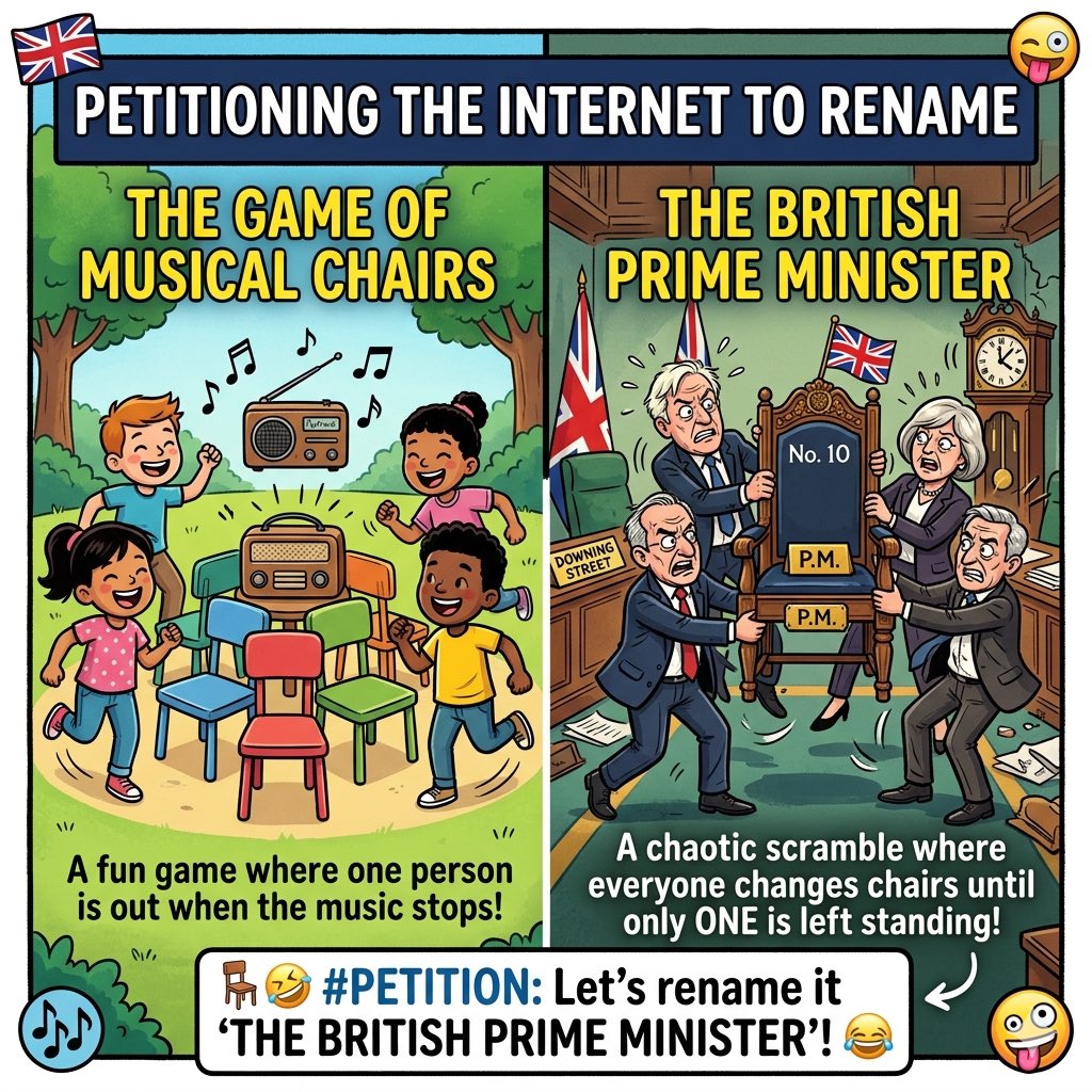 gauve30's tweet photo. Petitioning the internet to rename the game of musical chairs 🪑 to the British Prime Minister 🤣 https://t.co/uk4kCPR8fO