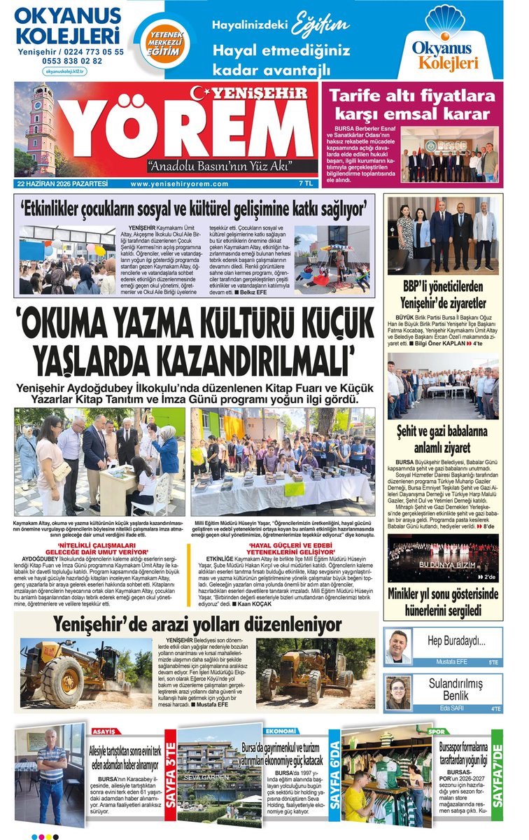 YYoremGzt's tweet photo. 22 Haziran 2026 Pazartesi Yenişehir Yörem Gazetesi 1. Sayfası, Gazetemizin 8 Sayfasının tamamını yüksek çözünürlüklü okumak için https://t.co/RuS0WGp7sM adresine girip, “Gazetemizi Okudunuz mu? Hemen Tıklayın” bölümüne girebilirsiniz. https://t.co/3u1HxsDWvN