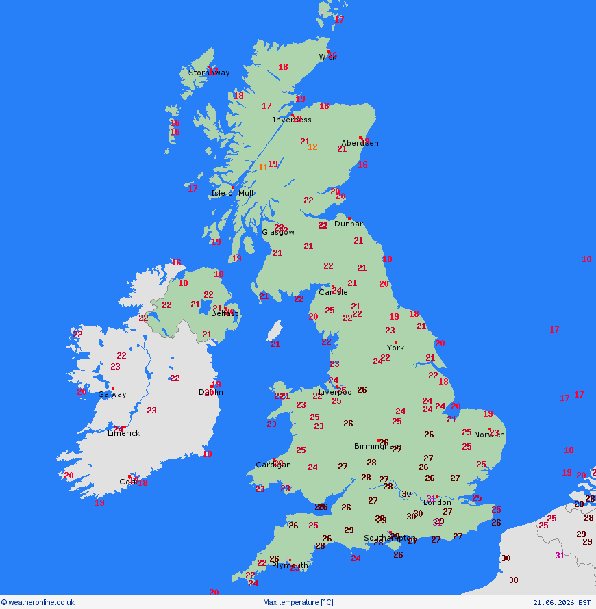 wxweb's tweet photo. It's getting hotter! These are maximum temperatures recorded between 7am and 7pm on Sunday. https://t.co/NyxGlC1qrG