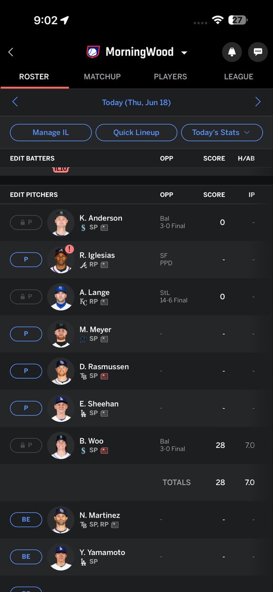 Chewkoker's tweet photo. @Andrew_FBB I’m 6-6 right now and I need a pitcher what should I do https://t.co/qPfo0z29lw