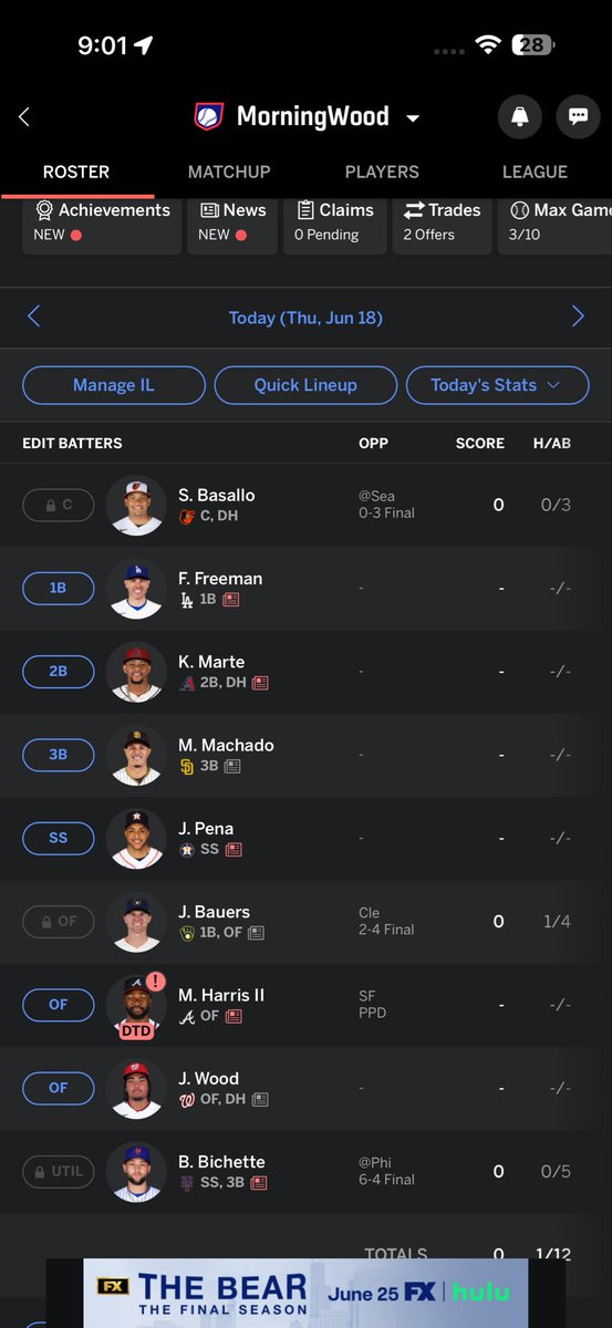 Chewkoker's tweet photo. @Andrew_FBB I’m 6-6 right now and I need a pitcher what should I do https://t.co/qPfo0z29lw