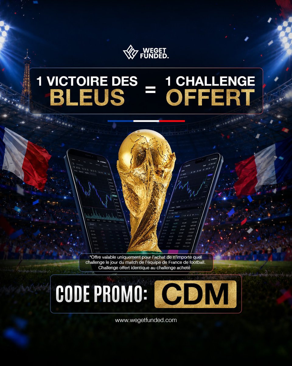 WeGetFunded's tweet photo. 🇫🇷🏆 1 victoire des Bleus = 1 Challenge offert chez WeGetFunded

⚽📈 Profitez de l’offre le jour du match avec le code CDM

⚠️ Conditions :
• Challenge offert identique au challenge acheté
• Offre valable uniquement pour tout achat effectué le jour du match et avant le coup d'envoi
• Challenge offert livré sous 72h ouvrables

💬 Votre pronostic pour les Bleus pour le match de ce soir ? Dites-nous votre score en commentaire 👇
