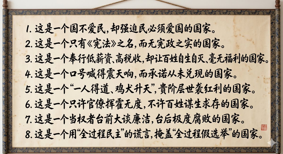 Freedominc20631's tweet photo. 9.这是一个对内极力压榨民脂民膏，对外大肆撒币博取虚名的国家。
10.这是一个口口声声维护和平，背地里却为侵略者摇旗呐喊的国家。
11.这是一个在襁褓中就给孩子种下仇恨与服从种子，禁锢思想的国家。
12.这是一个要求百姓奉献至死，权力却贪婪掠夺每一寸剩余价值的国家。
13.这是一个高居全球经济第二，却让无数孩子读不起书、看不起病的国家。
14.这是一个受灾时想起“人民”是铜墙铁壁，分红时“人民”却查无此人的国家。
15.这是一个从黑板报到大学讲堂，都充斥着对统治者病态崇拜的国家。
16.这是一个人民币上印着领袖头像，而民生尊严却被踩在脚下的国家。