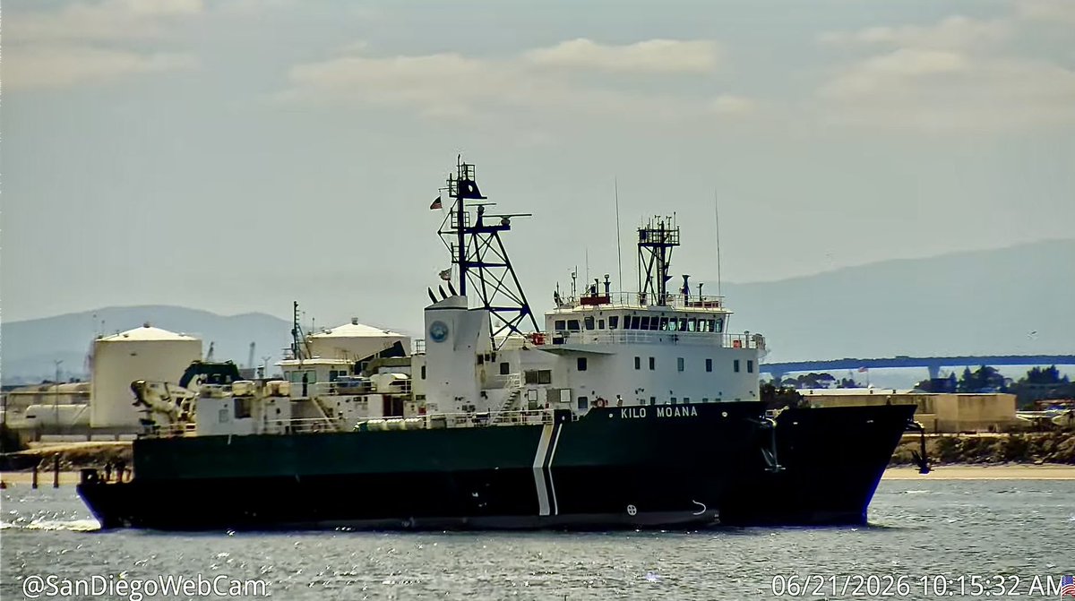 WarshipCam's tweet photo. R/V Kilo Moana (AGOR-26) multi-purpose oceanographic research ship - SWATH (Small Waterplane Area, Twin Hull) built for the Office of Naval Research and operated by the University of Hawaii leaving San Diego - June 21, 2026    SRC: YT- SanDiegoWebcam https://t.co/PgKvZeSB7K