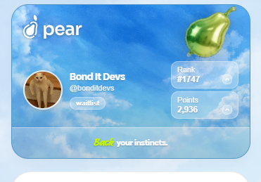 BondItDevs's tweet photo. You can track your points on the PEAR dashboard.

Keep collecting !

@tradeonpear https://t.co/yBmlNaTggx