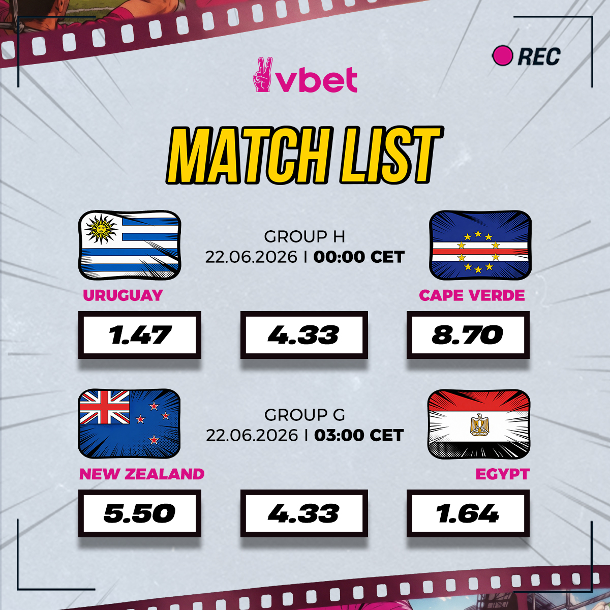VBETnews's tweet photo. Another two games await us tonight! ⚽

🇺🇾 Uruguay vs Cape Verde 🇨🇻
🇳🇿 New Zealand vs Egypt 🇪🇬

#WorldCup2026 #VBET https://t.co/WgHDusio7Q
