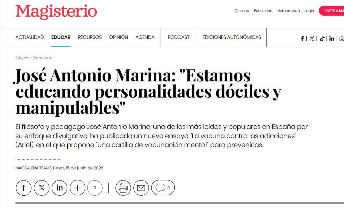 sanz_ismael's tweet photo. “Estamos educando personalidades dóciles y fácilmente manipulables”.
Una generación con mucha información, pero poca atención, poca tolerancia a la frustración y escasa capacidad de esfuerzo, queda más expuesta a las adicciones, a las redes sociales y a los mensajes emocionales.
Educar también es formar voluntad, criterio y capacidad de resolver problemas. José Antonio Marina advierte de un riesgo educativo de fondo.
https://t.co/QIl2wGEguG