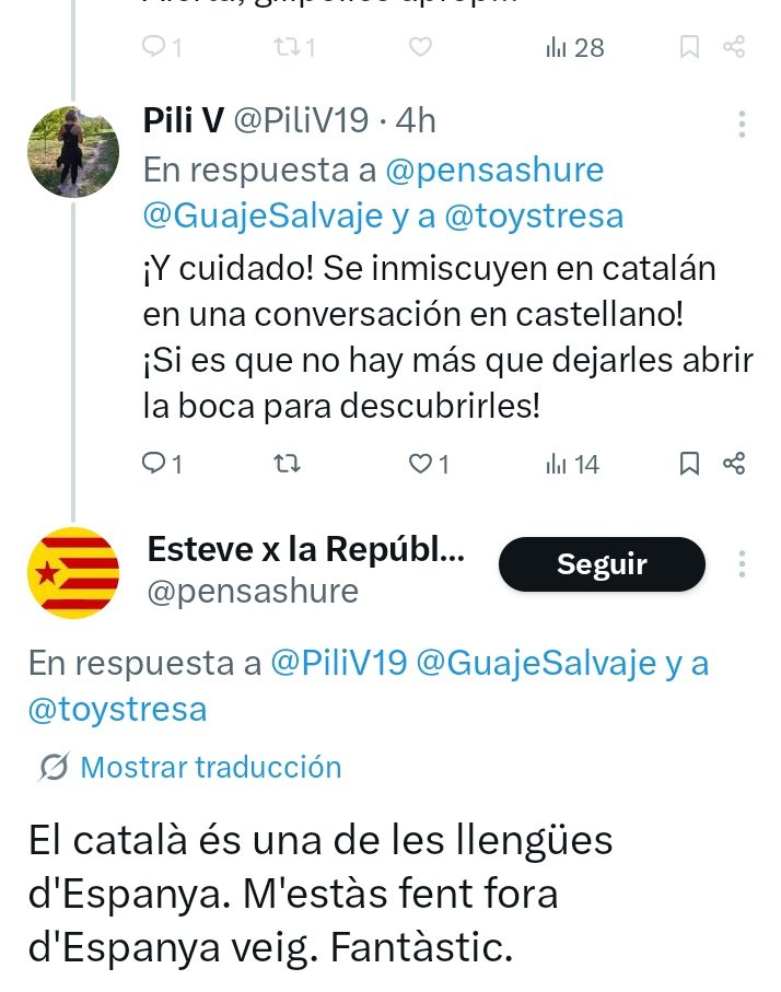 PiliV19's tweet photo. @pensashure @GuajeSalvaje @toystresa Y el tontito me bloquea para que no pueda responderle ni citarle, sin darse cuenta de que está reconociendo la españolidad de Cataluña y creyendo erróneamente que yo he "sacado de España" a Cataluña o al catalán. 
Lo dicho: no hay más que dejarles abrir la boca para ver la tontez https://t.co/mKMHrrLgKJ