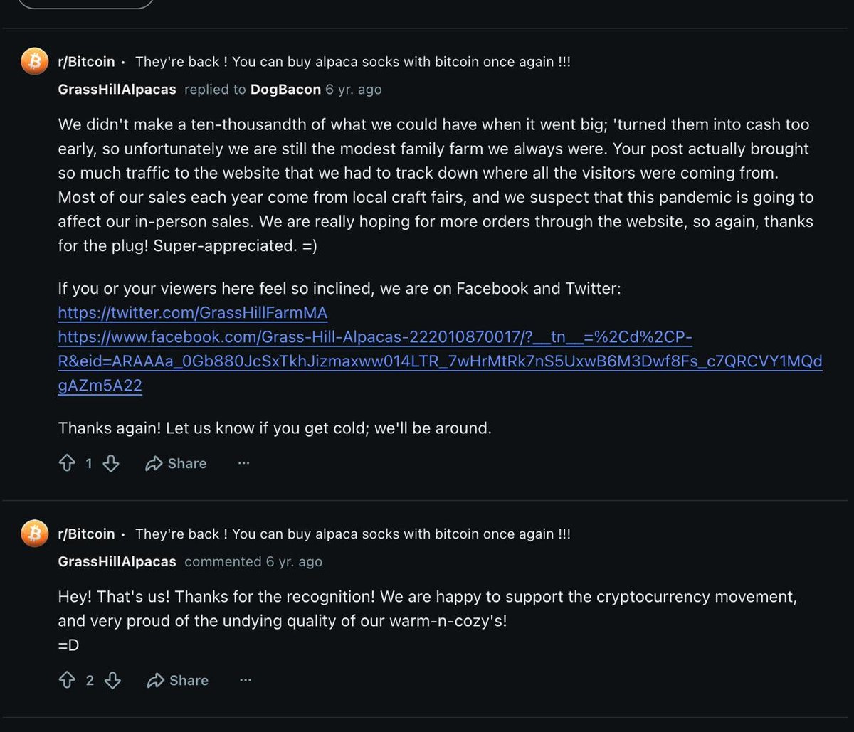 AlpacasDARWS's tweet photo. Grass Hill Alpacs paved the way from Bitcoin being just an online coin to a reputable currency you can use to purchase goods reliably, and pioneered the way for retail commerce. 

In turn the Bitcoin community supported them during COVID, a time when most businesses across all sectors had it rough once again, bringing in huge amuont of web traffic to thier business 

It's time for us to play the role again in supporting Grass Hill Alpaca consistently for the long term as a way to pay homage to a true OG in our space
