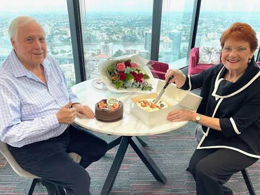 aaronsmith's tweet photo. @Sammy_L @DavidBlackie9 You missed the key detail, which is now your thing.

Pauline Hanson wasn’t just “having lunch” in Queensland. 

She was skipping an entire Canberra sitting week to eat cake with Clive while other Senators did the job taxpayers pay them for.

That’s taking the piss with icing. https://t.co/NCdo8KbOrn