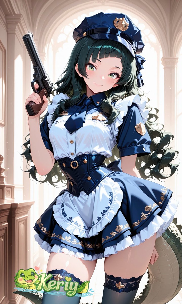 KeriyT0330's tweet photo. 皆様おはようございます♪

月曜日はメイド服をお届け︎❣️
本日はこんな衣装を仕立ててみました♪
【︎💕︎ポリス×メイド服︎💕︎】

可愛く取り締まっちゃいます(*´˘`*)♡
気になる方を捕まえちゃってね👀✨

作ってて予想より合う感じでとても可愛く出来たと思います♪

クロエに着せててドキドキしちゃった😍︎💕︎
皆さんはこんな衣装は好きですか？？

月曜日からメイド服で⤴︎⤴︎⤴︎⤴︎でいきます♪

衣装プロンプトはリプ欄をご確認ください♪

今週もどうぞよろしくお願いします(⋆ᴗ͈ˬᴗ͈)”

 #Keriyのコス曜日  #イラスト  
 #Keriy_Costume