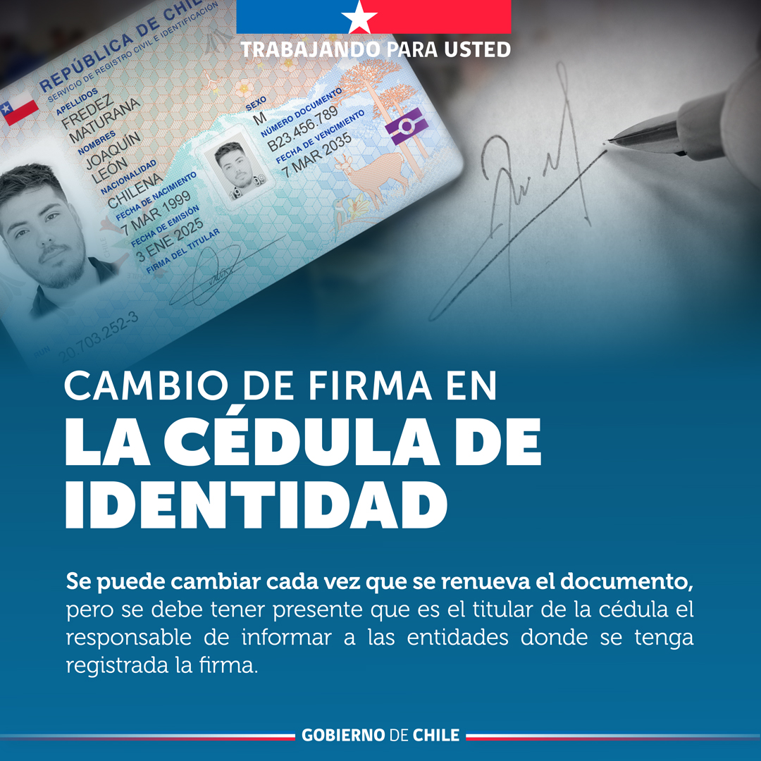 RCivil_Tarapaca's tweet photo. ¿Cambió su firma en la cédula de identidad? Es su responsabilidad dar aviso de este cambio a aquellos lugares donde tenga registrada su firma. 

#Iquique #AltoHospicio #PozoAlmonte #Pica #Huara #Colchane #Camiña https://t.co/lEmxs5wiyv