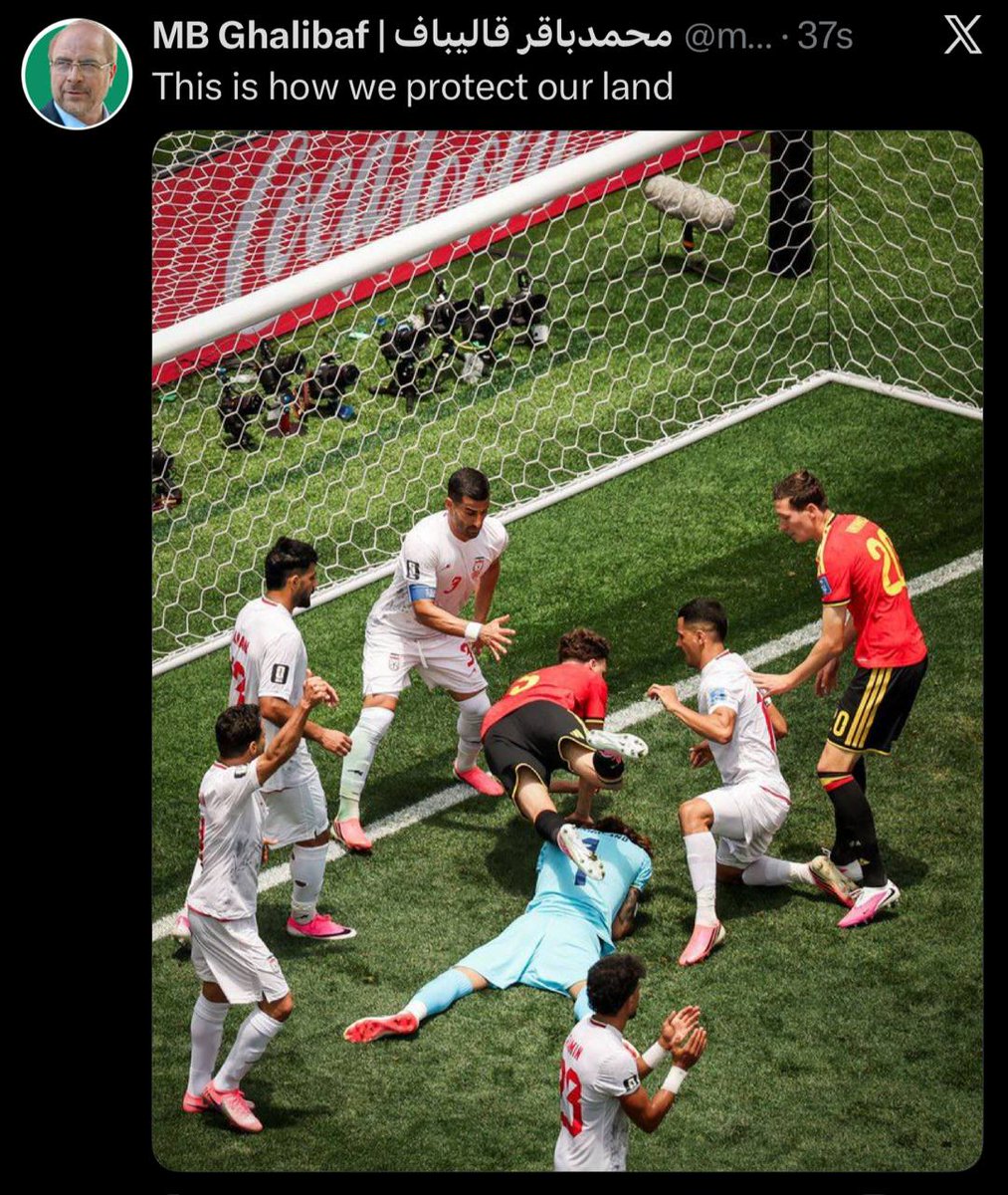 RT_com's tweet photo. Iranian goalie STOPS Belgian attack cold

Speaker Ghalibaf posts it with one line:

‘This is how we protect our land’ https://t.co/NHuLERxZFt