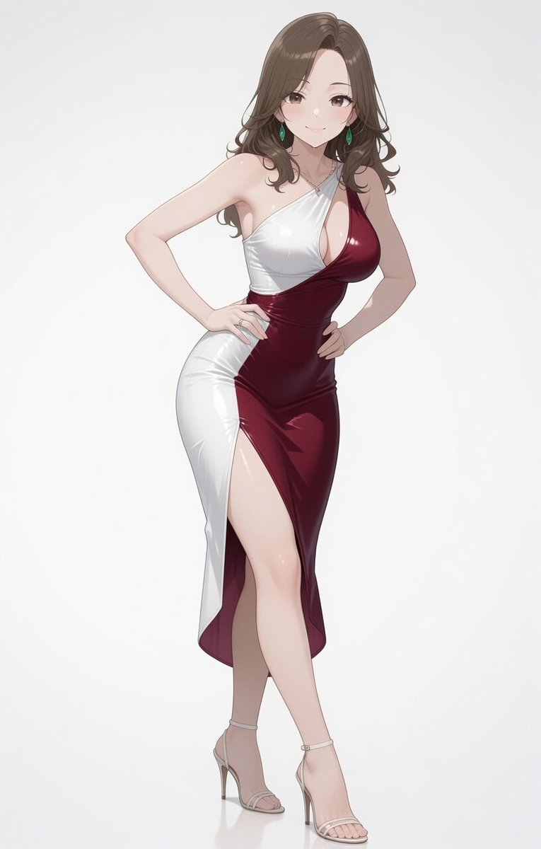 hagamight's tweet photo. 衣装プロンプト（再現性は・・・）
luxurious shiny two-tone one-shoulder dress, asymmetrical design, left side pure white glossy satin, right side deep burgundy red metallic latex-like material, deep plunging neckline, high side slit exposing thigh, https://t.co/tT2x5eY2Ct