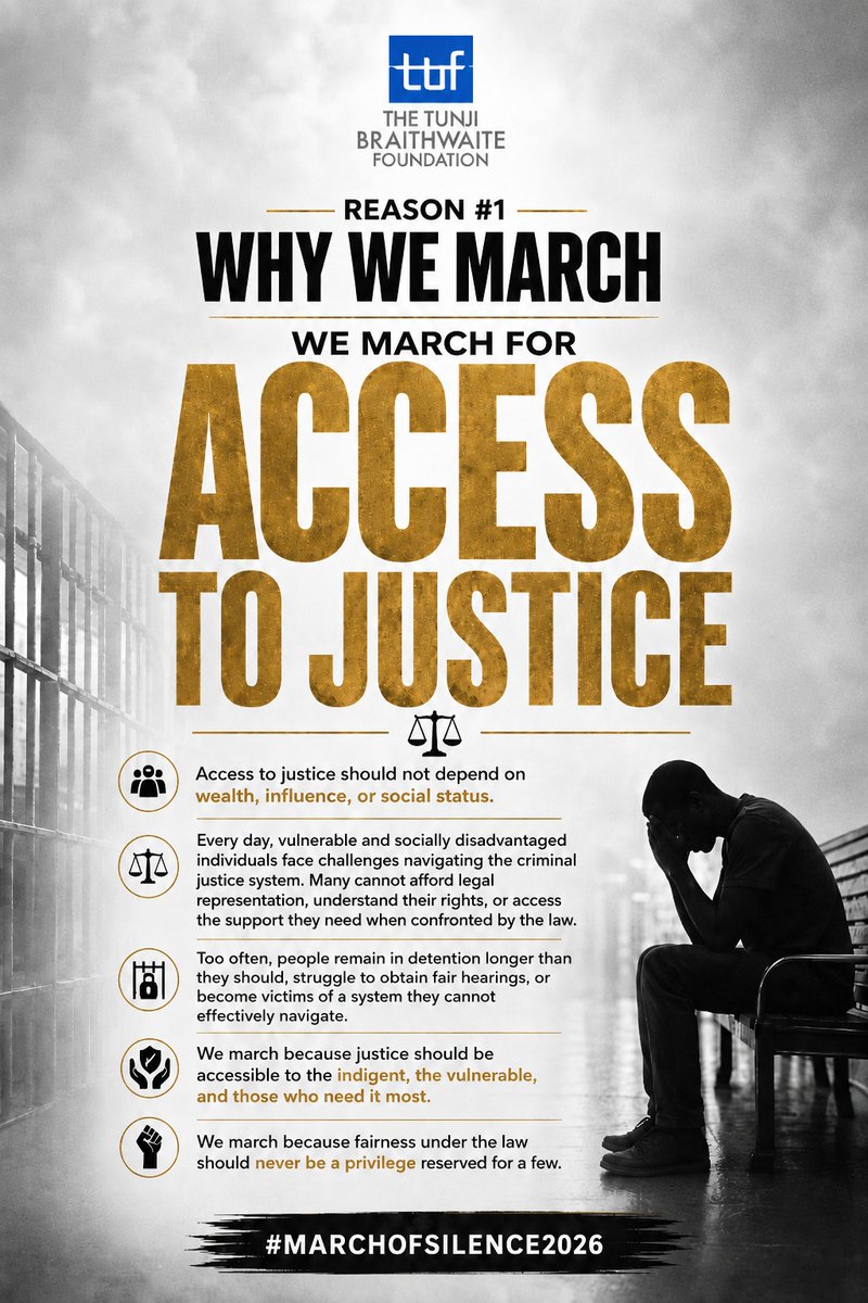 tbfng's tweet photo. Reason #1:WE MARCH FOR ACCESS TO JUSTICE

We march to advocate for a system where every citizen can understand their rights,access legal support, and receive fair treatment under the law

🔗 Register to join the March of Silence 2026: https://t.co/DEQk4CY2xv

#MarchOfSilence2026 https://t.co/YB8IOdsj1N