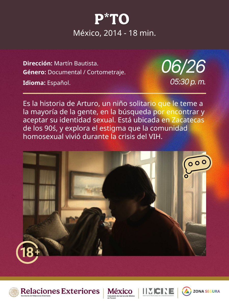 ConsulMexTuc's tweet photo. el #DíaDelOrgullo con la proyección de estos tres cortometrajes, en colaboración con el Instituto Mexicano de Cinematografía @imcine este viernes 26 de junio a las 5:30 p. m., en la galería cultural de tu consulado en Tucsón 🏜

Recuerda también que puedes enviarnos mensaje...2/3 https://t.co/tOY3tfcBVg
