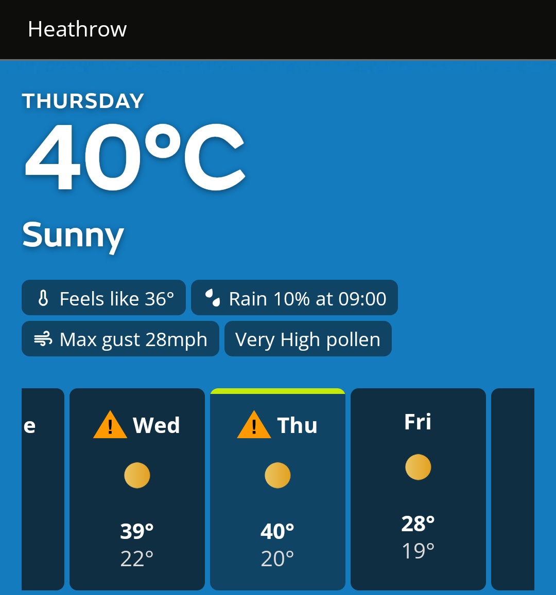 VoteClimateUK's tweet photo. This is the @metoffice forecast for Heathrow on Thurs.

In 2022, we were told this was now a once in a 30 year event. Turns out it's once every 4 years.

Why isn't this leading every news bulletin? 

Make climate your top election issue: https://t.co/YbpDPbgH8G https://t.co/4v0n4Cv6D8
