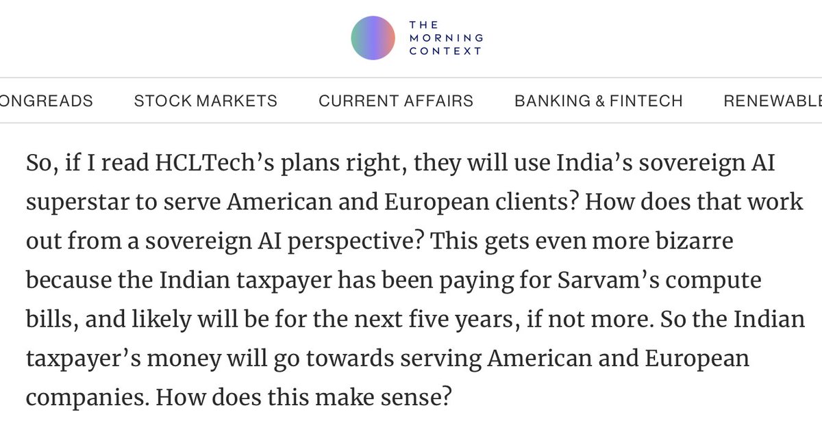 akm1410's tweet photo. A realistic assessment of Sarvam, India’s sovereign AI bet. Either the ecosystem is wilfully looking past the paltry number or is pretending that it is alright. My sense is, it’s a bit of both. In @MorningContext. https://t.co/oUWwGyFbEm