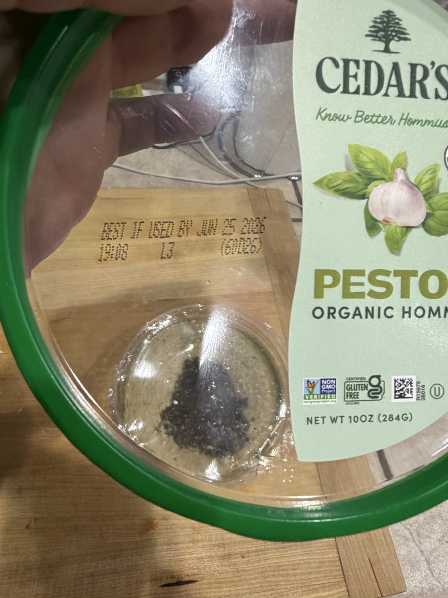 HowardisAwinner's tweet photo. @CedarsFoods 3rd cedars product that’s been moldy before the sell by date.   Whats going on over there where this is an issue I get when buying your hummus?  Expensive to throw away! https://t.co/8vrtpPEESr