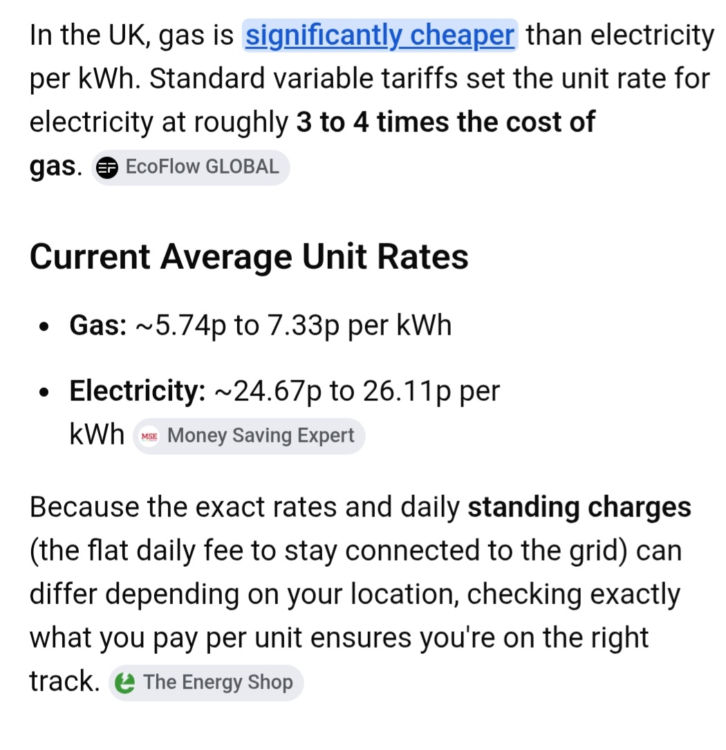 rec777777's tweet photo. @toadmeister @rikirikiroo Yep, electricity is 4x's the cost of gas per KwH
Some of us warned the naive from the start
Heat pumps and lots of insulation may be more efficient, but not 4x's as efficient
It was always a #ClimateScsm https://t.co/JV8laYdZA1