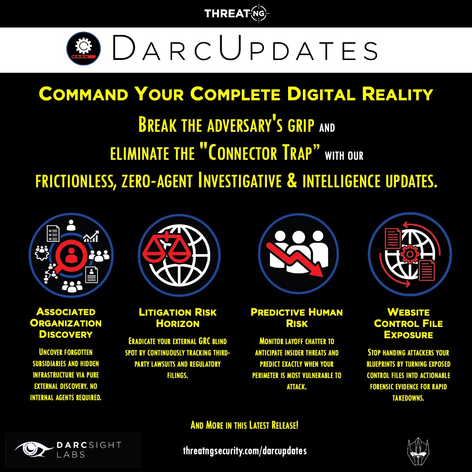 threatngsec's tweet photo. Command your perimeter! Uncover shadow IT, predict human risk via Layoff Chatter & track Lawsuits with our June 30 update. Free eval: https://t.co/mndo5NEwU8
#ExternalRisk #AttackSurface #CertificateIntelligence #CTEM #CyberSecurity #DigitalRisk #EASM #ExternalExposure #Security https://t.co/aDJGJ4Khv4