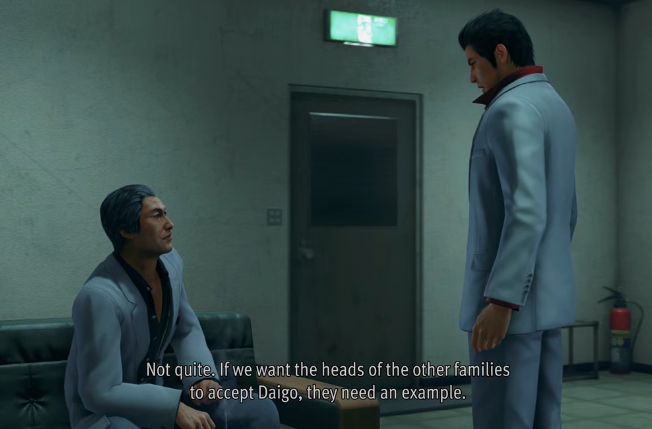ItsMeGoromi's tweet photo. Saying the clan doesn't need you because of Daigo. Then admitting Daigo won't have a change without the old guard backing him up physically in the same scene is a WILD.  He literally says the clan won't respect Daigo and BOUNCES. This is actually worse in the original where you can't walk 5 feet without overhearing a conversation saying Daigo isn't ready from CIVILLIANS.