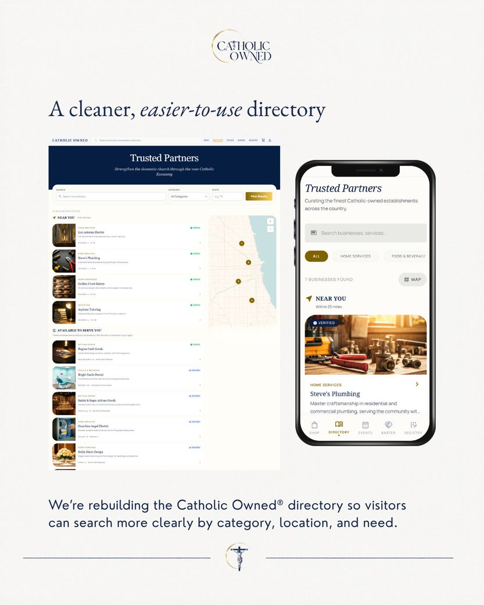 CatholicOwned_'s tweet photo. A new Catholic Owned® experience is coming soon.

We’re rebuilding the app + website to make it easier to shop Catholic-owned businesses, search the directory, discover services, browse products, and begin with businesses rooted in shared faith and values.

It's about making Catholic Owned® more useful for everyday life: the gifts you buy, the services you need, the shops you discover, and the businesses you choose to support.

It’s getting easier to start with Catholic Owned®.
