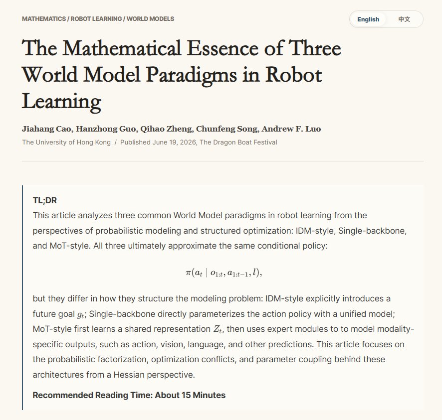 SAGE_1125's tweet photo. We recently wrote a short blog on the mathematical essence behind three common World Model paradigms in Robot Learning.

It looks at Future-conditioned / IDM-style, Single-backbone, and MoT-style models from the lens of probabilistic modeling and structured optimization. https://t.co/J6O2v1USlb