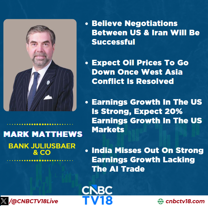 CNBCTV18Live's tweet photo. #OnCNBCTV18 | Believe negotiations between #US & #Iran will be successful, expect #oil prices to go down once #WestAsia conflict is resolved. If conflict gets resolved, expect a sugar rush in equities, says #MarkMatthews, Bank JuliusBaer & Co https://t.co/YZaHjykF9A