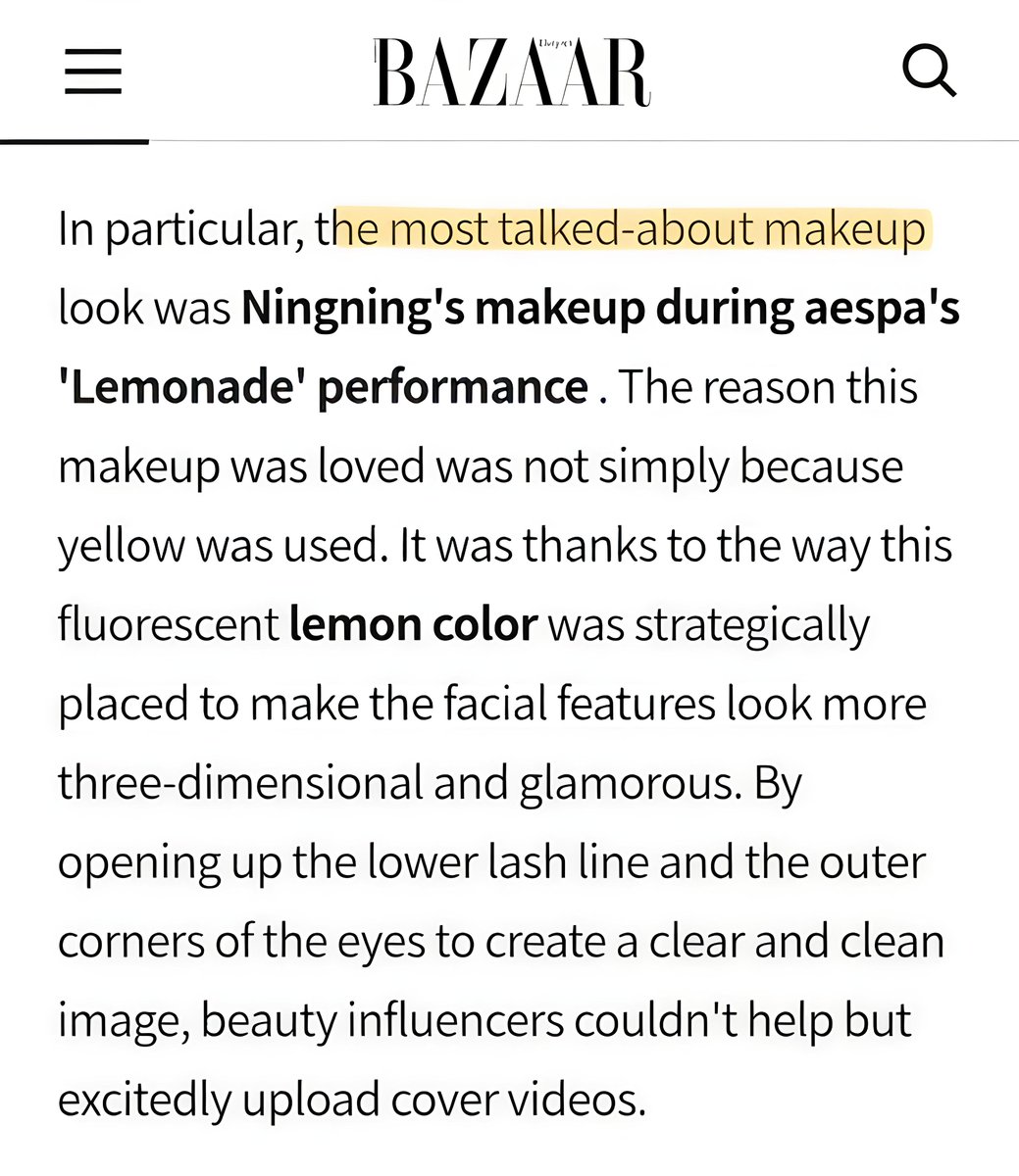nnyizqrls's tweet photo. Harper's BAZAAR Korea noted #NINGNING’s iconic look for aespa’s 'Lemonade' stage is the most talked-about makeup! 

https://t.co/vkTtv1fBzZ

The media stated her neon-lemon styling triggered this summer’s biggest beauty trend, making beauty influencers rush to cover her! https://t.co/s3A9j658gO