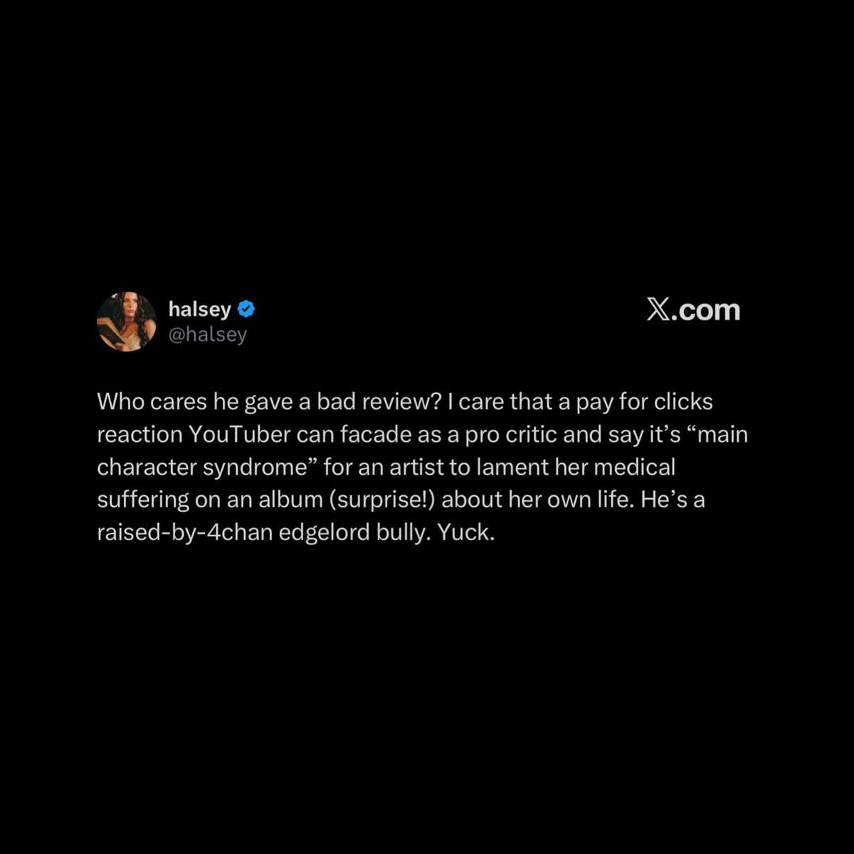 FearedBuck's tweet photo. Halsey goes off on Anthony Fantano after he gave her new album a 1/10 rating

“He’s a raised-by-4chan edgelord bully. Yuck.” https://t.co/WC2lt5xZ6R