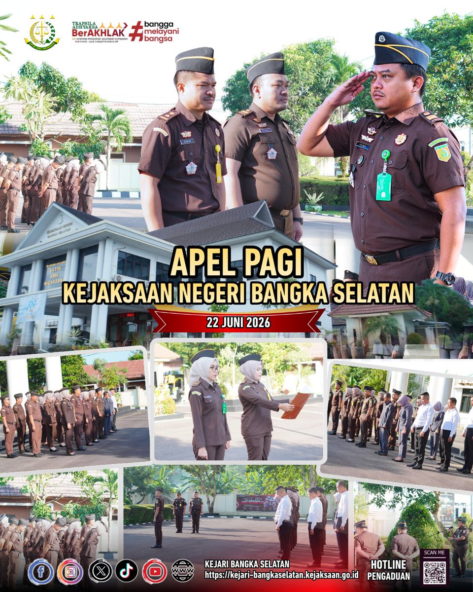 kejaribasel's tweet photo. Pada hari Senin, 22 Juni 2026, bertempat di halaman Kejaksaan Negeri Bangka Selatan, telah dilaksanakan Apel Kerja dengan pembina apel Kepala Seksi Intelijen Bapak Primayuda Yutama, S.H.

Apel kerja ini merupakan wujud kedisiplinan pegawai yang dilaksanakan secara rutin sebagai https://t.co/pMz9psToJP
