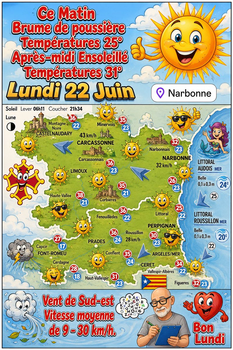 Cathare111's tweet photo. Bonne journée les Pitchous ! 😘💕
Sur #Narbonne 25°
Prévision : 个 31°
Ce Matin
Brume de poussière
Après Midi ensoleillé
Vent de Sud-est
Vitesse moyenne
de 9 - 30 km/h
#AVC #aphasie #diabete
#handicapinvisible https://t.co/Pvw1EHoSls
