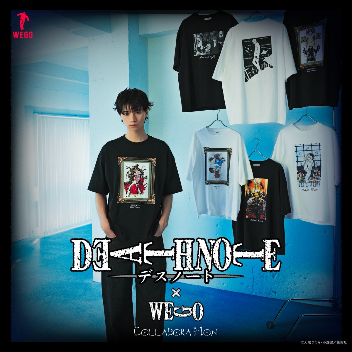 WEGO_press's tweet photo. ⼈気漫画『DEATH NOTE』と WEGO のコラボレーションアイテムが6⽉ 26⽇(⾦)より発売決定！ 
DEATH NOTEの世界観を象徴するアートを使⽤したTシャツコレクションを はじめ、ロゴをあしらったキャップやソックスなど全5型をリリースしま す！ 
🔍詳しくはこちら