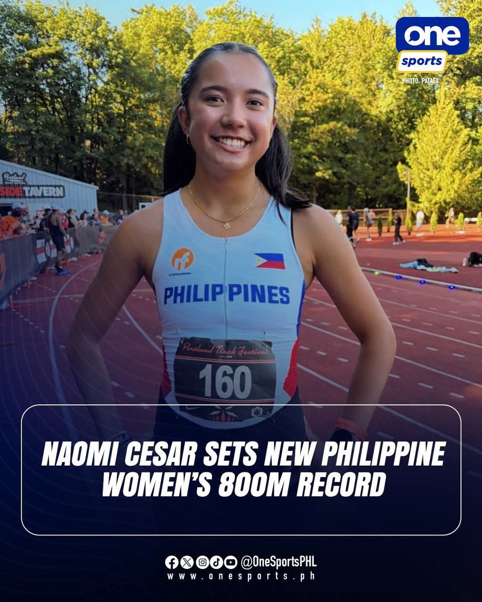 OneSportsPHL's tweet photo. Naomi Cesar added another milestone to her breakout 2026 campaign, running 2:06.24 for silver at the Portland Track Festival (World Athletics Continental Tour Bronze) to break the Philippine women’s 800m record (pending ratification), surpassing Jessica Barnard’s 2:06.75. https://t.co/dS2utSnjBe