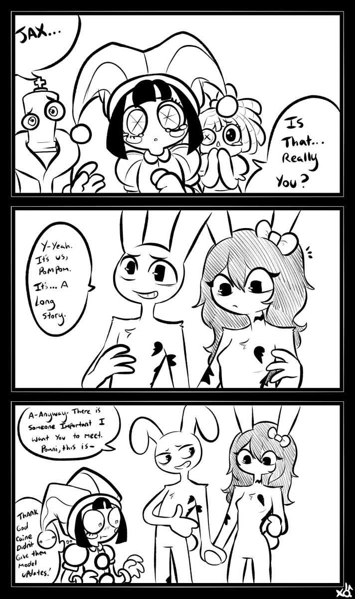 XObunny04's tweet photo. Okay. The votes are all saying yes, so here ya go. First four pages of this AU after the opening. Daisy is already settling.
I am so sorry, I can't draw Caine T-T
I'll make more later if you guys enjoy it. Also, can you guess what Caine gave them in the last panel? 🤭🤭 https://t.co/o4uJY17O8q