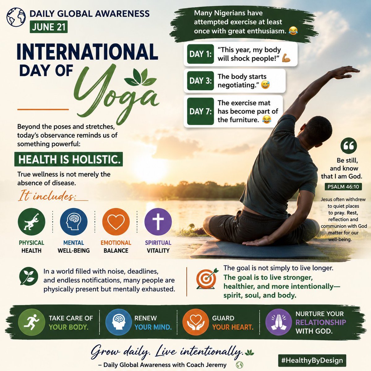 Dromeoj's tweet photo. 🧘‍♂️ International Day of Yoga
Sustainable performance requires sustainable renewal.
Move. Rest. Reflect. Recover.
Your health is an investment, not an expense.
✨ Grow daily. Live intentionally.
#InternationalDayOfYoga #Wellness #HealthyByDesign #Leadership #GlobalAwareness 🌍 https://t.co/HnOfXMwDLP