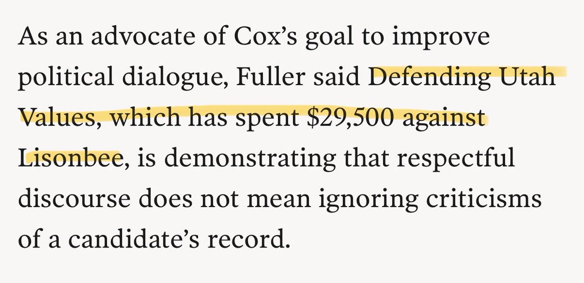 KaiSchwemmer's tweet photo. A brand new astroturfed smear campaign just dropped! 

Defending Utah Values is a PAC run by Tech CEO Owen fuller, a “close ally” and friend of Spencer Cox. 

Despite claiming to “support Utah’s best conservative candidates” they’ve incessantly attacked real conservatives for weeks on end, referring to liberal hit pieces as the source for their newest smears. 

The ads and resistance you see aren’t normal or organic. They’re all coordinated and are now willing to side with the left to trash conservatives. 
Ask yourself, what are they afraid of?
