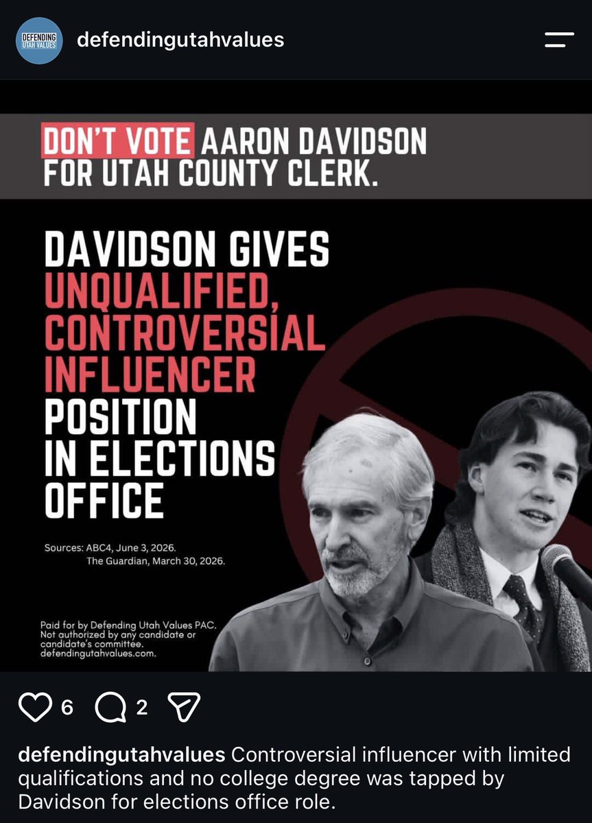 KaiSchwemmer's tweet photo. A brand new astroturfed smear campaign just dropped! 

Defending Utah Values is a PAC run by Tech CEO Owen fuller, a “close ally” and friend of Spencer Cox. 

Despite claiming to “support Utah’s best conservative candidates” they’ve incessantly attacked real conservatives for weeks on end, referring to liberal hit pieces as the source for their newest smears. 

The ads and resistance you see aren’t normal or organic. They’re all coordinated and are now willing to side with the left to trash conservatives. 
Ask yourself, what are they afraid of?