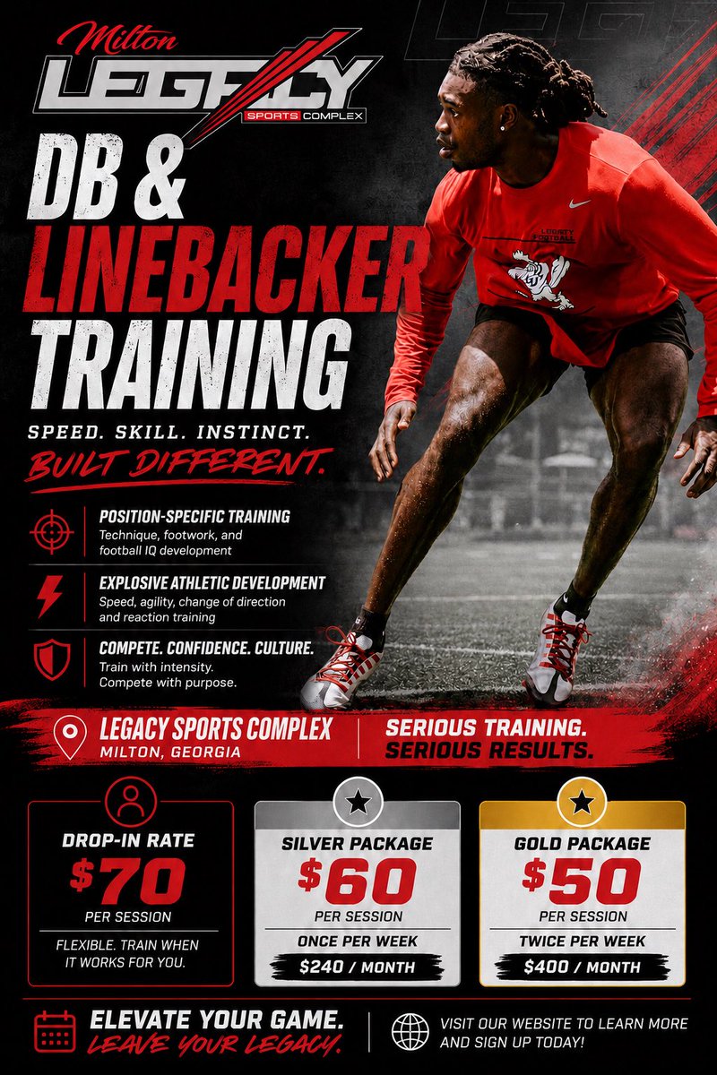 CoachQReese's tweet photo. Defensive Backs and Linebackers in North Georgia!! 

We’re building faster feet, better instincts, and game-ready athletes every Monday &amp; Thursday. Tackling, coverage, technique are our focus!

📍Legacy Sports Complex Milton
🏈 DB &amp; LB Training
🔥 Serious Training. Real Results. https://t.co/wTLi5GDZgk