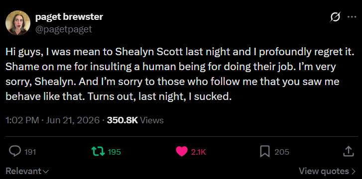 i_love22076's tweet photo. So I'm probably going to be off X for the rest of the night because watching my timeline fill up with people acting like calling out bad behavior was somehow the real problem is honestly weirding me out. Yes, it's good that she apologized. People make mistakes, and owning up to them matters, but this is being taken way too far. 

The people who pointed out that the original post was unfair, mean-spirited, and could have real consequences for a journalist's career were not wrong for doing so. Accountability isn't bullying. Criticism isn't hate. Sometimes people we admire mess up, and it's okay to say so. 

At the same time, some of the reactions on the other side have been completely out of line. Nobody deserves death threats, harassment, or cruelty because they were rude, had a bad moment, or made a mistake online. Please, for the love of God, stop saying things like that.

There has to be room between "she did absolutely nothing wrong" and "she's a terrible person who deserves to suffer." People are allowed to mess up, be called out, apologize, and learn from it. That's how accountability is supposed to work. Supporting someone doesn't have to mean telling them they did nothing wrong. Sometimes the most supportive thing you can do is acknowledge that they messed up, appreciate the apology, and move forward.